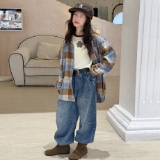 童装女童格子衬衫2026秋季新款儿童长袖T恤牛仔裤女大童三件套装