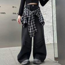 女童格子屁帘牛仔裤2026秋季新款中大童工装阔腿裤直筒裤外出长裤