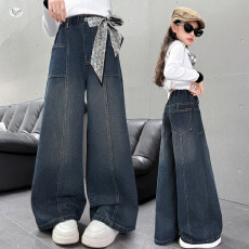 批发<b class='q'>女</b><b class='q'>童</b><b class='q'>春秋</b><b class='q'>深蓝</b><b class='q'>阔腿牛仔裤</b>高腰显瘦直筒裤中<b class='q'>大</b><b class='q'>童</b>多口袋宽松百搭长裤