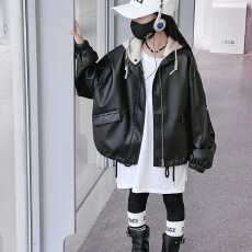批发<b class='q'>女童</b>秋<b class='q'>装</b>外套新款中大童洋气宽松秋冬皮夹克小女孩百搭连帽机车服
