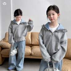 批发女童连帽外套2026<b class='q'>秋</b>季新款中大童短款花边拉链衫韩系儿童<b class='q'>秋</b>装上衣