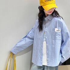 批发女童条纹衬衫2026<b class='q'>秋</b>季新款中大童韩系撞色开衫初中生早<b class='q'>秋</b>长袖外套