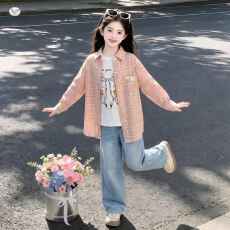 批发女童早秋格子衬衫2026新款中大童长袖开衫初中生休闲外套秋装上衣