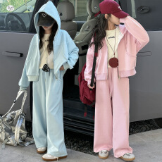 批发<b class='q'>女</b><b class='q'>童</b>运动服套装2026秋新款中大童短款连帽双拉链外套阔腿裤两件套