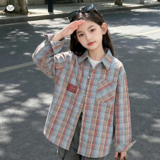 女童秋季格子衬衫2026新款中大儿童字母印花翻领外套秋装长袖上衣