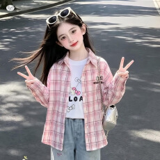 批发女童外套2026<b class='q'>秋</b>新款中大童粉色格子衬衫印花长袖翻领开衫儿童衬衣