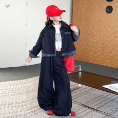 女童牛仔套装2026秋季新款中大童格子拼接外套阔腿裤韩系儿童服装