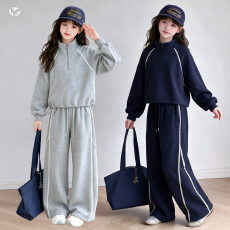 女童深秋新款休闲半拉链套头卫衣套装中大童运动服上衣阔腿裤卫裤