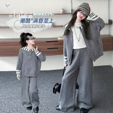 女童深秋新款韩版条纹海军领针织衫套装中大童女孩拉链开衫阔腿裤
