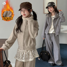 批发女<b class='q'>童</b><b class='q'>冬季</b><b class='q'>新</b>款韩版加绒毛领卫衣卫裤套装<b class='q'>中大</b><b class='q'>童</b>加厚拉链外套阔腿裤