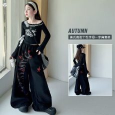 批发女童秋季新款潮酷印花斜肩长袖打底衫T恤阔腿裤宽松老爹裤弯刀裤