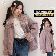 批发女童26冬季新款韩版羊羔毛翻领夹棉皮衣中大童挡风保暖机车服外套