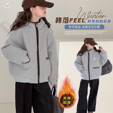 批发女童冬季新款休闲夹棉连帽毛毛衣外套中大童外出保暖棉服学生上衣