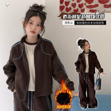 批发女童2026<b class='q'>秋</b>冬加绒套装新款儿童运动中大童休闲拉条阔腿裤两件套潮
