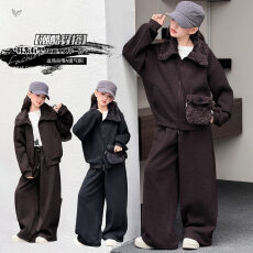 批发女童套装<b class='q'>秋</b>冬款2026新款儿童毛领连帽外套女大童加绒阔腿裤两件套