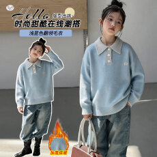 批发女童深<b class='q'>秋</b>新款韩版翻领贴标毛衣中大童<b class='q'>秋</b>冬加厚套头针织衫女孩上衣