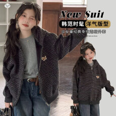 女童2026秋冬韩版新款加绒条纹小狗连帽外套上衣女大童卫衣开衫潮