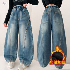 批发女童冬季新款休闲拼接加绒牛仔弯刀裤中大童时髦宽松老爹裤阔腿裤