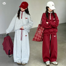 批发<b class='q'>女童</b>秋<b class='q'>季</b>新款休闲拼色半拉链立领卫衣套装中大童宽松卫裤阔腿裤潮