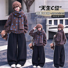 批发<b class='q'>女童</b><b class='q'>秋</b>冬款韩版波点围巾毛衣大童一体绒休闲阔腿裤卫裤运动弯刀裤