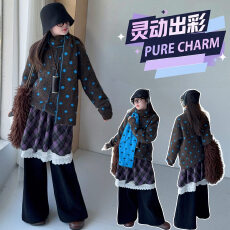 批发<b class='q'>女</b><b class='q'>童</b>秋冬韩版波点围巾针织开衫女大童格子裙微喇裤休闲直筒裤阔腿