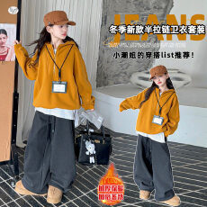批发<b class='q'>女</b><b class='q'>童</b>2026冬季韩版休闲加绒连帽卫衣上衣中大童磨毛内搭加厚拖地裤