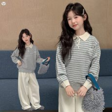 批发2026年秋季<b class='q'>新款</b><b class='q'>女</b><b class='q'>童</b>翻领条纹毛衣时尚舒适儿童秋装上衣