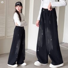 批发2026年秋季新款女童字母刺绣阔腿牛仔裤舒适加绒款
