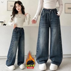 批发2026年冬季新款女童五角星阔腿牛仔裤加绒保暖时尚儿童长裤