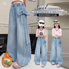 批发2026年秋冬季新款女童清新风格加绒牛仔长裤时尚蝴蝶结设计