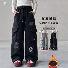 批发女童冬款韩版卡通多口袋加绒工装裤儿童加厚显瘦阔腿裤学生休闲裤