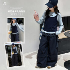 批发女童2026秋季超好看假两件拼色格子吊带上衣中大童休闲工装裤童装