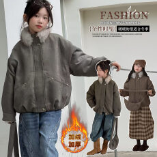 批发女童2026冬款韩版时尚毛领加绒派克服中大童加厚夹克外套保暖棉衣