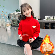 女童秋冬款加绒加厚高领爱心毛衣女中大童内搭上衣保暖针织打底衫