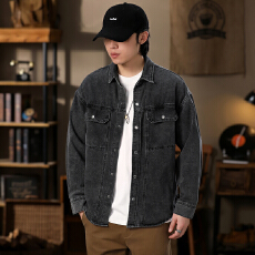 美式复古高级感工装牛仔衬衫男潮牌春秋款宽松百搭休闲衬衫