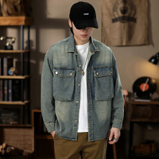 美式复古高级感工装牛仔衬衫男潮牌春秋款宽松百搭休闲衬衫