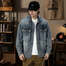 美式复古高级感工装牛仔衬衫男潮牌春秋款宽松百搭休闲衬衫