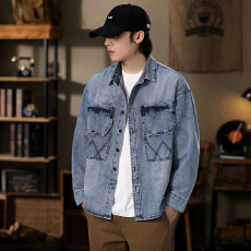 批发美式复古高级感工装牛仔衬衫男潮牌春秋季宽松休闲百搭衬衣