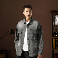 批发美式复古烫钻长袖牛仔衬衫男春秋新款高级感痞帅<b class='q'>外套</b>翻领休闲衬衣