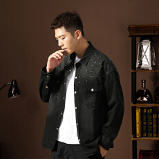 批发美式复古烫钻长袖牛仔衬衫男春秋高级感痞帅外套休闲衬衣