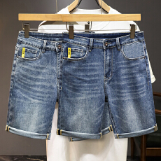 批发[] 高街牛仔裤男<b class='q'>夏</b>季宽松弹力直筒五分裤潮牌高品质中裤短裤