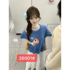 批发2026早春新款韩系蓝色针织马甲+碎花打底衫+半身裙三件套
