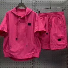 夏季轻薄透气防晒连帽短袖短裤两件套男潮流简约纯色宽松休闲套装