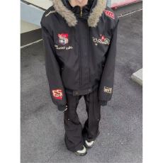 批发藏蓝色美式飞行夹克外套男春季潮牌刺绣徽章外套高级感连帽棒球服