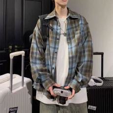 复古格子衬衫男长袖春秋季高级感痞帅宽松衬衣美式休闲青少年外套