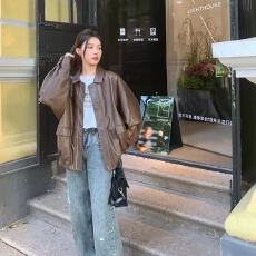 批发潮牌美拉德棕色皮衣外套<b class='q'>男</b>秋冬季加绒痞帅机车服休闲宽松真皮夹克