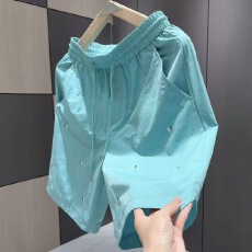 男士短裤夏季糖果色刺绣宽松松紧腰速干透气五分裤男凉感直筒裤子
