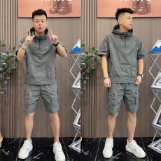 批发<b class='q'>夏</b>季休闲工装套装男半拉链连帽半袖韩版轻薄透气运动速干休闲短裤