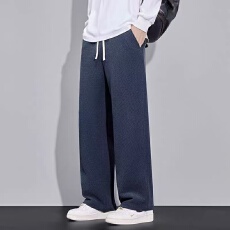 批发重磅针织斜纹休闲裤男显瘦灰色男士宽松直筒裤垂感秋冬加绒加厚款