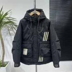 冬季条纹设计棉袄冲锋衣男潮牌宽松连帽羽绒棉服短款休闲保暖外套
